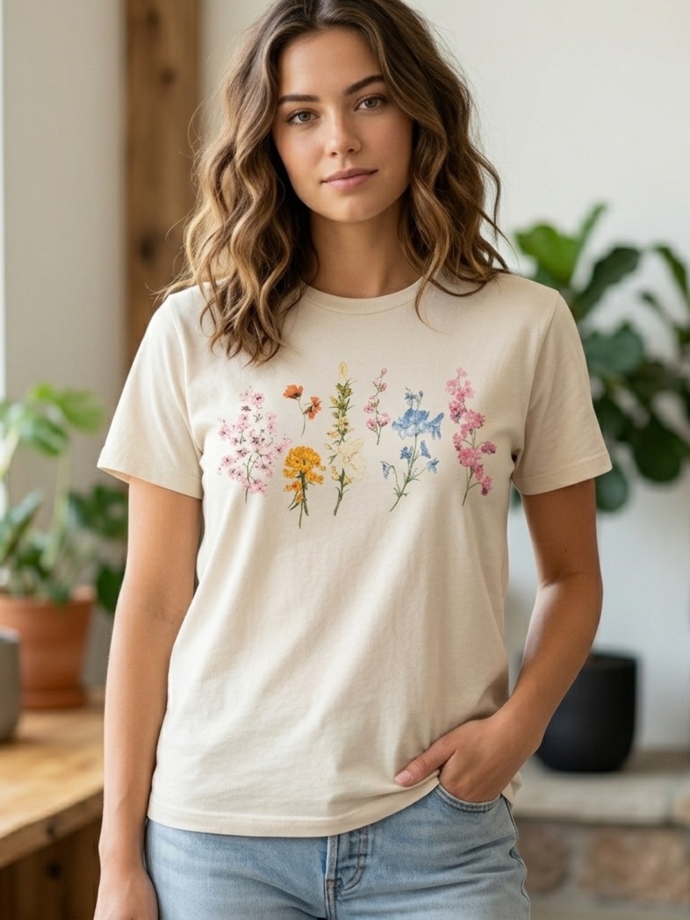 PS / LA Floral Botanical Graphic T-Shirt Women’s Size Small Cream 100% Cotton